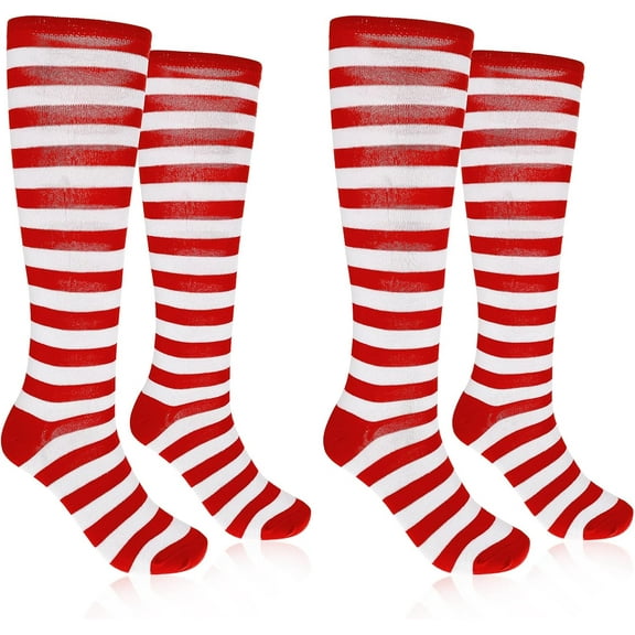 LUU-2 Pair Striped Socks Red and White Knee High Stockings Christmas Socks Striped Thigh High Socks for Women Girls_SAI