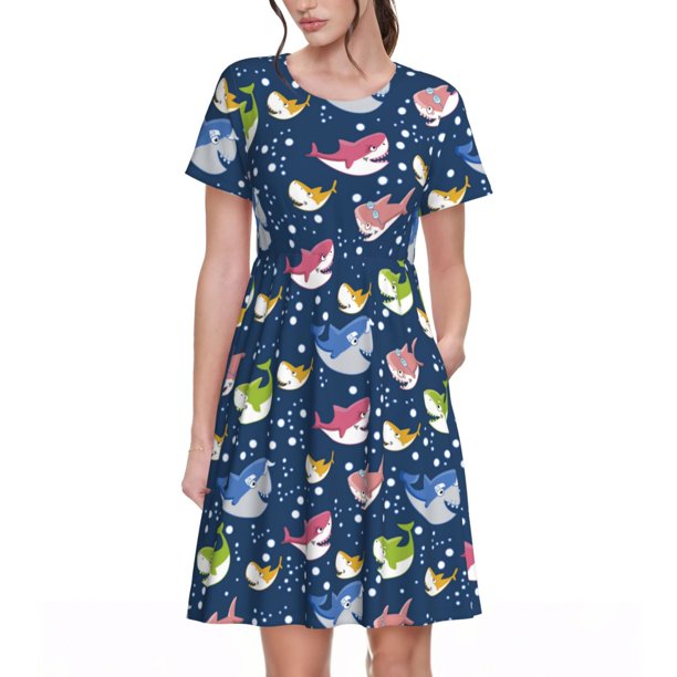 Disketp Colorful Cartoon Shark para Vestido de Manga Corta para Mujeres, Vestidos de Verano para Mujeres, Casual y Holgado para la Playa