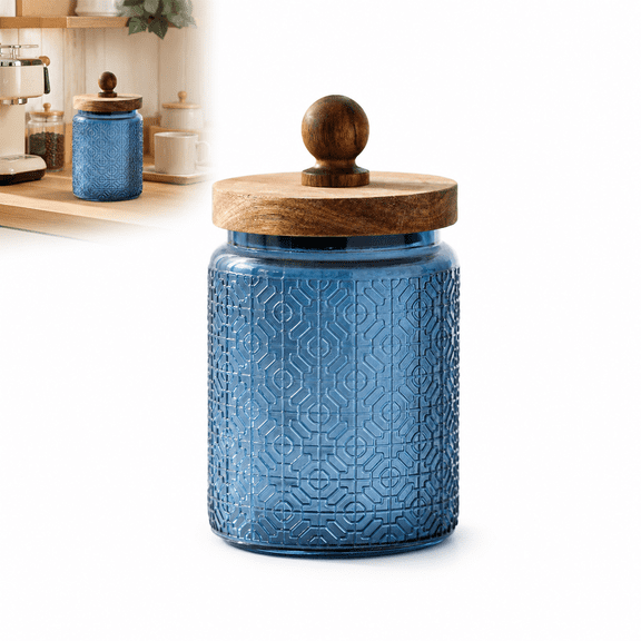 Amber Glass Storage Jar, Borosilicate Embossed Canister with Airtight Wood Lid, 700 ml, for Coffee Tea Sugar Snacks Blue