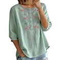thumbnail image 3 of Women's Embroidered Blouses Summer Round Neck Embroidered Top 3/4 Sleeve Casual Boho Loose Lightweight Daily Shirts by Yigetop Green L, 3 of 7