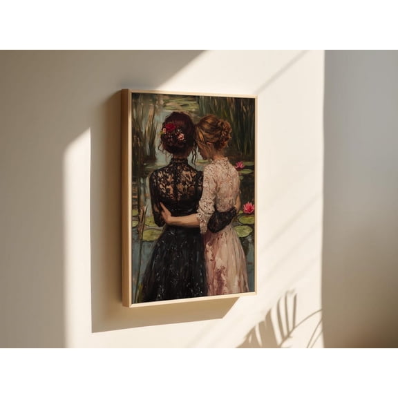 Elegant Friendship Painting - Romantic Victorian Women By Lily Pond, Vintage Lace Dresses Artwork For Home Decor Wall Art, Modern Wall Decor, 8x12 UNFRAMED