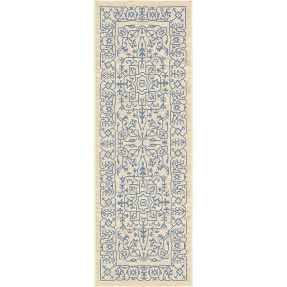 Unique Loom Allover Indoor/Outdoor Botanical Rug Beige and Blue/Blue 2' x 6' 1" Runner Border Traditional Perfect For Patio Deck Garage Entryway