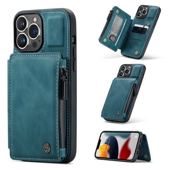 Dteck Case for Apple iPhone 13 Pro 6.1-inch,Retro Magnetic Leather Card Holder Wallet Shockproof Case Hybrid Rubber Zipper Purse Kickstand Protective Cover for iPhone 13 Pro,Blue