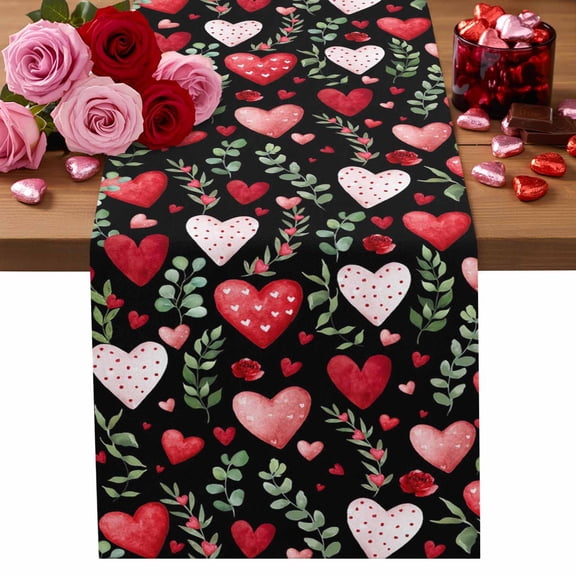 Valentine's Day Table Runner 13 x 120 Inch, Vintage Red Pink Dots Love Heart Roses Floral Leaf Black Washable Cotton Linen Dining Table Runner Tabletop Decorations for Restaurant Home Kitchen Party