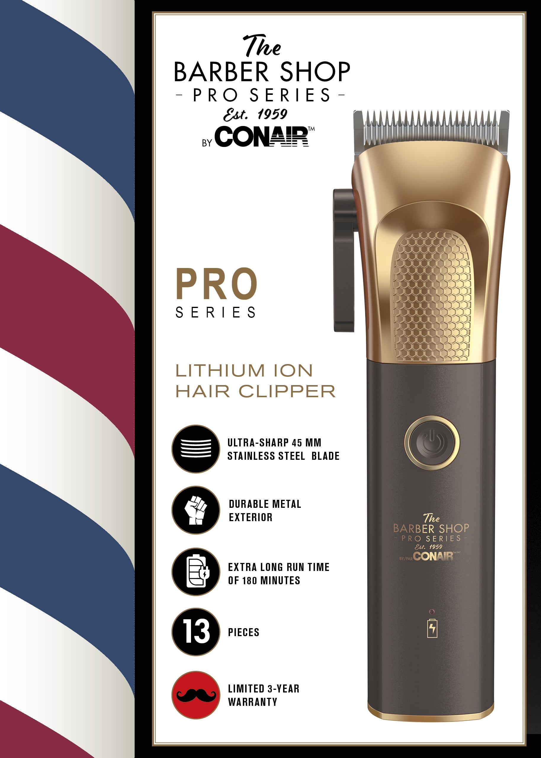 The Barber Shop Pro Series by Conair Metal Series Professional Grade Lithium Ion Hair Clipper
