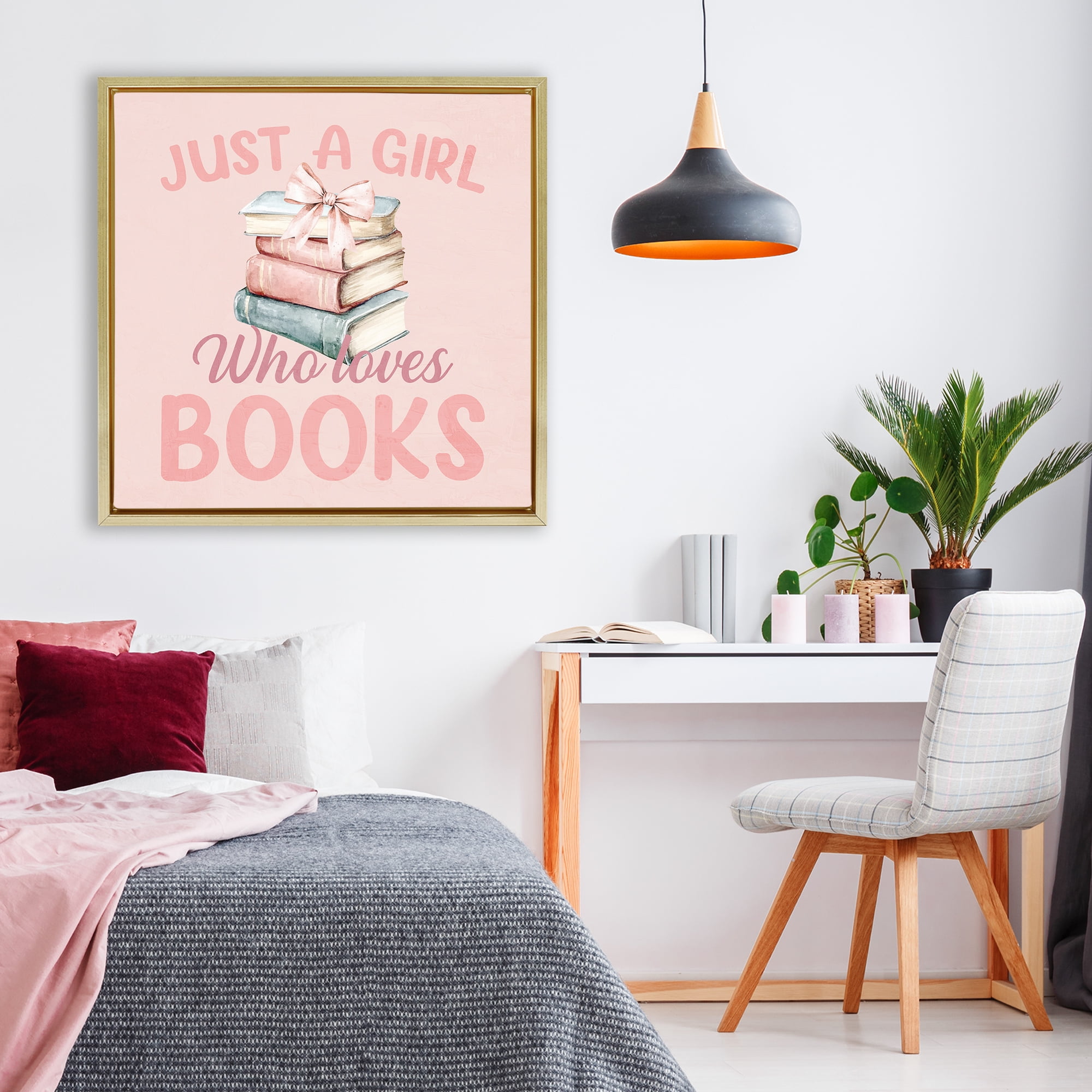 Reader Girl Who Loves Books Gold Framed Floater Canvas Wall Art, design by Kim Allen