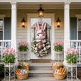 thumbnail image 5 of AZXY Easter Bunny Door Cover 71x35 Inch, Pink Bunny with Lantern on Floral Wreath Door Banner Backdrop, Spring Front Door Decorations for Outdoor Porch Farmhouse Easter Party Wall Home Decor, 5 of 7