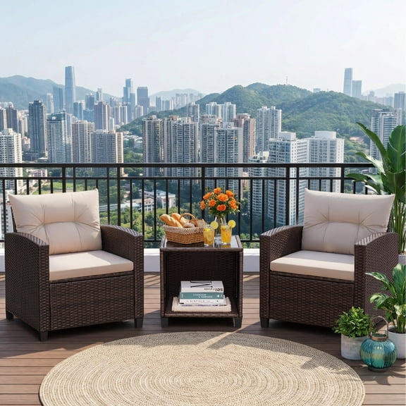 Homall 3 Piece Patio Furniture Set, Outdoor Rattan Chair with Cushion and Coffee Table, Patio Bistro Set for Balcony, Garden, Porch, Beige