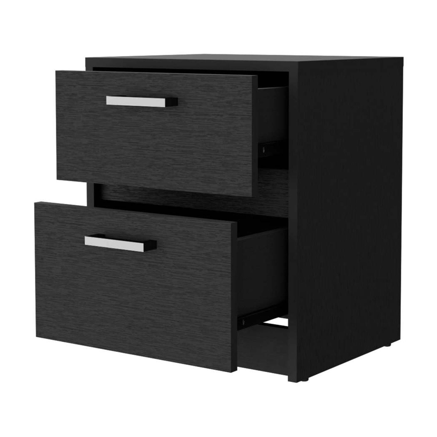 Myrtle 2 Drawers Nightstand, Black Engineered Wood Bedside Table with Metal Handles