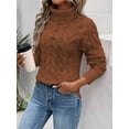 thumbnail image 4 of Women Turtle-Neck Sweaters Cable Knit Long Sleeve Pullover Jumper Tops Fall Winter Casual Solid Sweater Light Brown M, 4 of 5