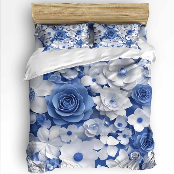 Blue Flower King Size Comforter Set, Spring Pastoral White Floral Soft Bedding for All Seasons, 4 Pcs Bed Set with 1Comforter (90"x106") ,1 Sheet(94"x116"), 2 Pillowcases (19"x35")