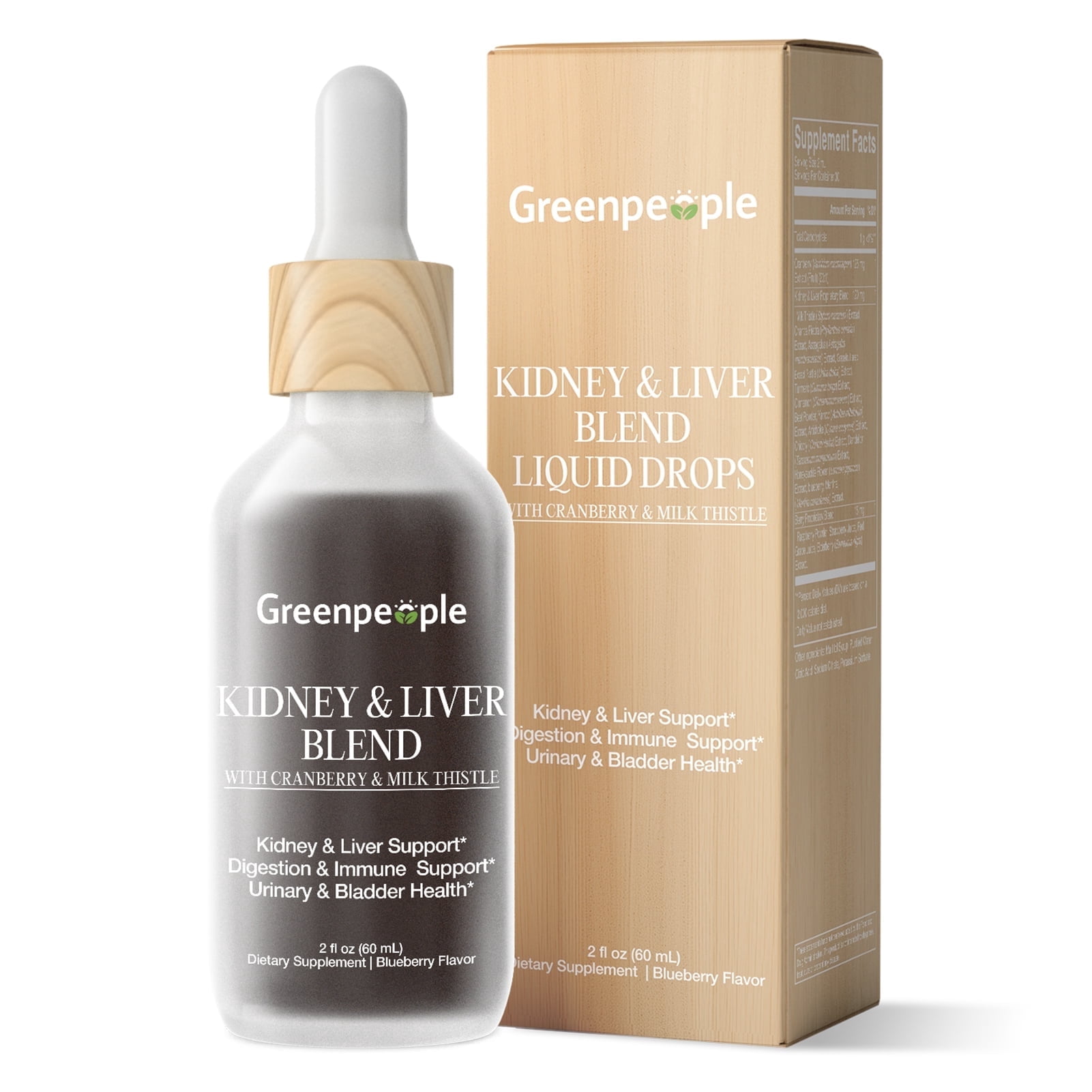 Kidney & Liver Support Liquid Drops - 20:1 Cranberry Extract, Blueberry Flavor - Non-GMO (2 fl oz)