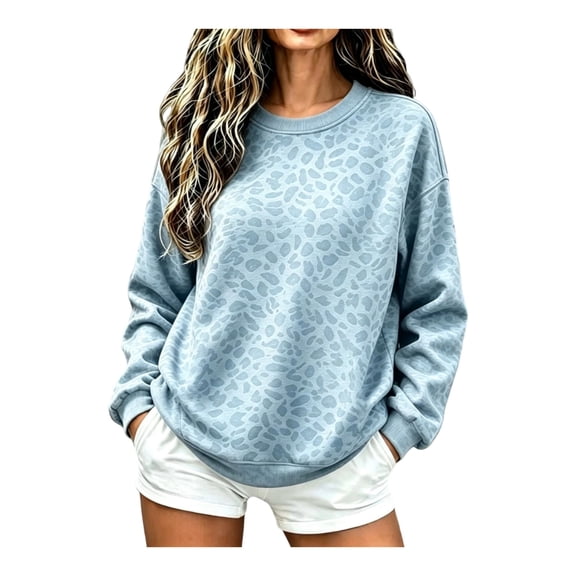 Women's Leopard Print Sweatshirt, Crewneck Long Sleeve Pullover Pullover for Casual Daily Wear & Outing, Light Blue, L