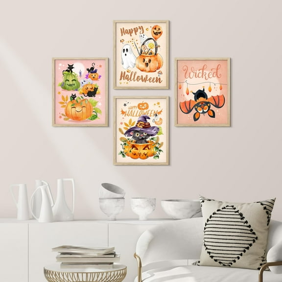 PixonSign Framed Wall Art Halloween Celebrations Holidays Posters, Set of 4 Funny Trick or Treat Pumpkin Bat Cartoon Illustrations Wall Decor, Adhesive Canvas Prints for Home Decor - 11"x14" Natural
