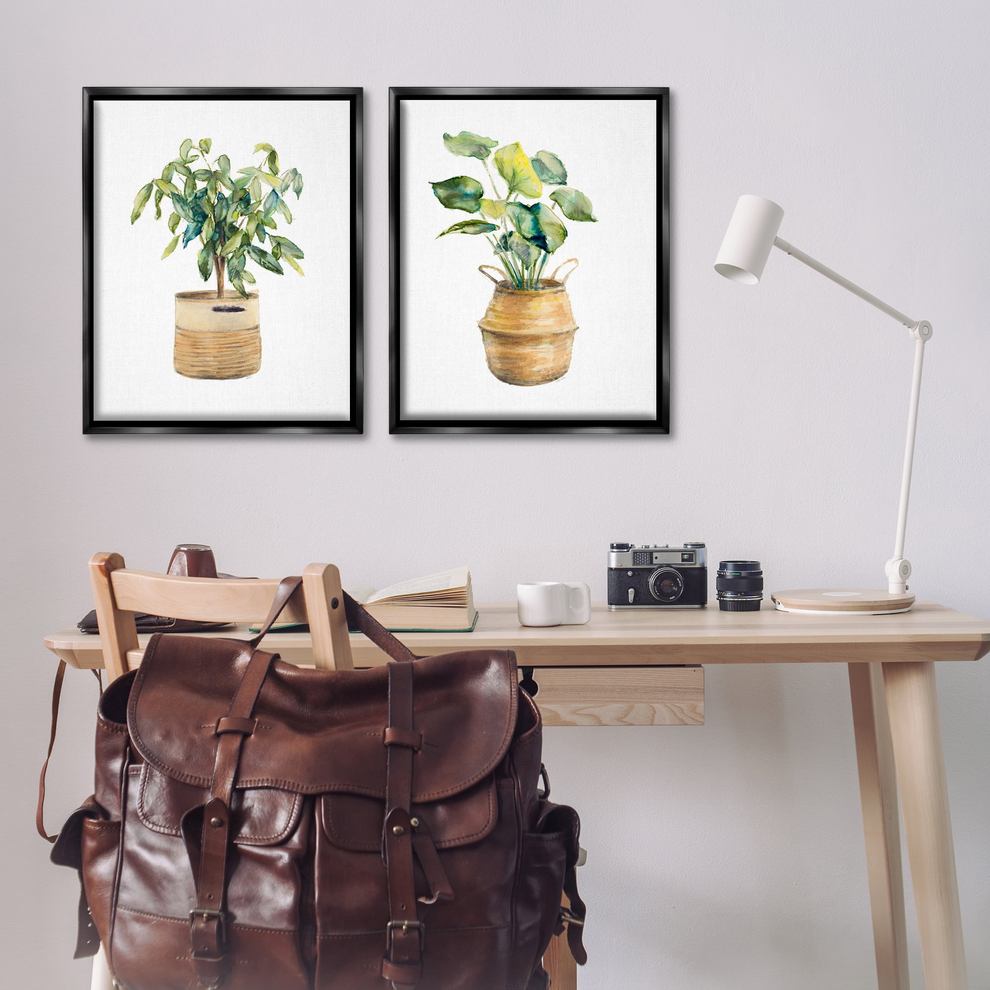 Stupell Industries Lush Houseplants in Wicker Pots Plants & Flowers Painting Black Floater Framed Canvas Art Print Wall Art, 31 x 25, Set of 2