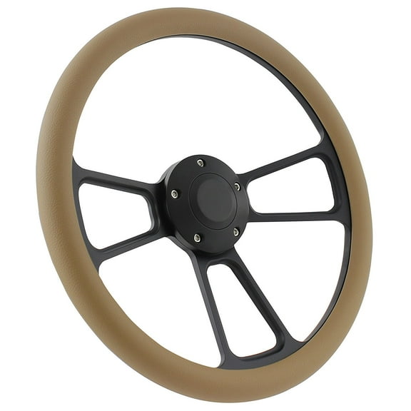 Black Boat Steering Wheel 14 Inch Aluminum With Tan Vinyl Half Wrap, Horn Button, and Installation Adapter
