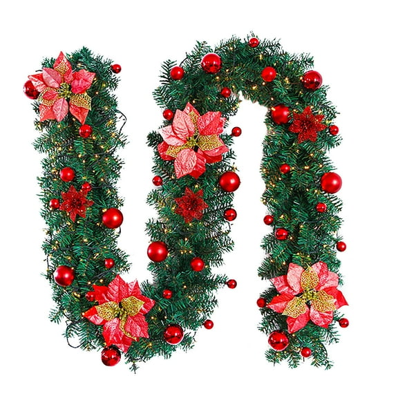 8.8 Ft Christmas Garland with Lights, Pre-Lit Artificial Green Xmas Garland for Stair Railings Mantle Decorations with Red Flowers, Berry Clusters Needle Pine and Balls, Winter Outdoor Indoor Decor