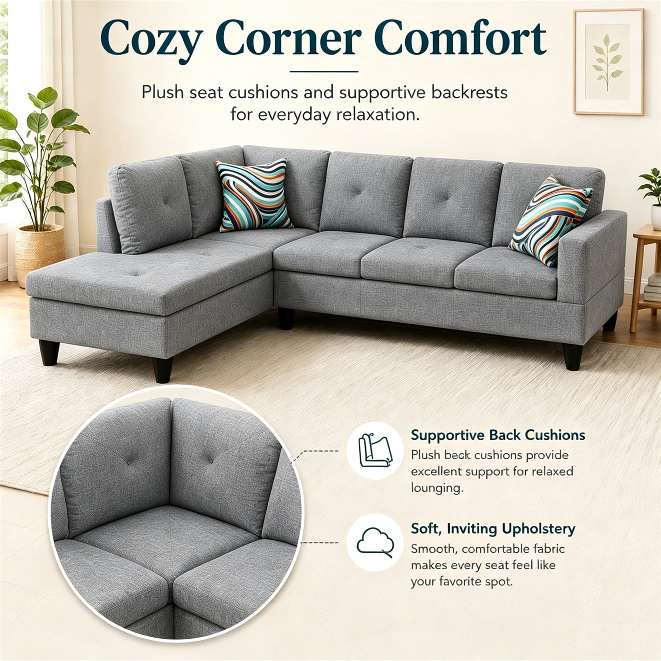 Aukfa 97" Classic Sectional Sofa 4 Seat L shape Couch for Living Room, 2Pillows, Oversized Left Chaise, Linen, Gray