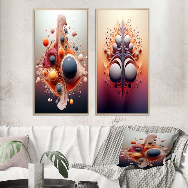Designart "Geometric Metamorphosis Abstract Multiverse I" Abstract Shapes Framed Wall Art Set Of 2 - Transitional Pink Framed Canvas Set For Living Room Decor