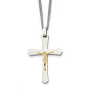 14K Gold Crucifix on Stainless Steel Polished Cross, 24" Chain Pendant Necklace, Religious Men's Jewelry