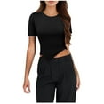 thumbnail image 1 of Puntoco Liquidación de blusas cortas para mujer, blusa informal de moda con cuello redondo y manga corta de color liso para mujer con ombligo descubierto, 1 of 4