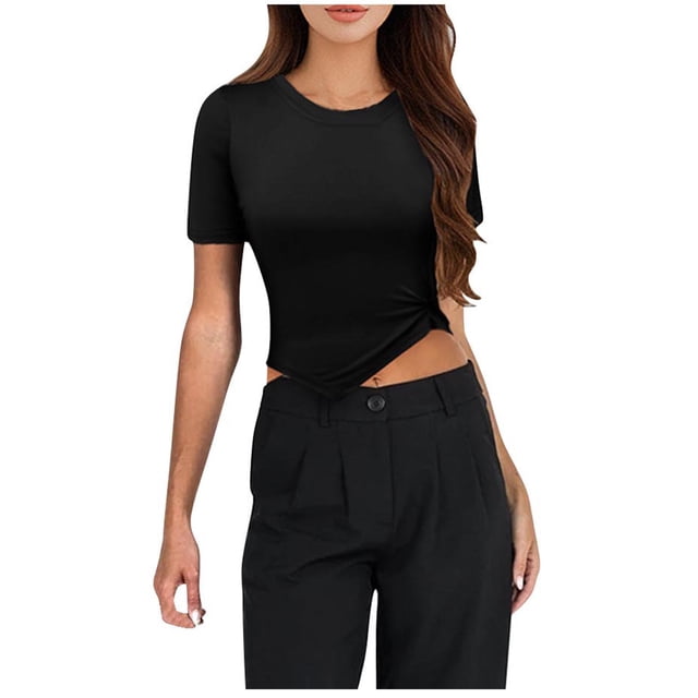 Puntoco Liquidación de blusas cortas para mujer, blusa informal de moda con cuello redondo y manga corta de color liso para mujer con ombligo descubierto