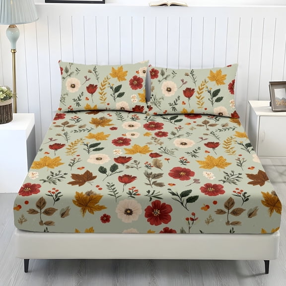ZIATUBLES 3 Pcs Twin Size Sheet Set, Flower Leaf Printed Soft Comfort Bedding Sets with 1 Fitted Sheet and 2 Pillowcases, Cooling Cozy All-Season Bed Sheets