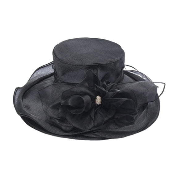 OOOUM Elegant Summer Church Hats Hat For Women Sheer Organza Ruffle Wide Brim Sun Hat Wedding Tea Party Occasion Sun Hat Black