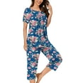 thumbnail image 2 of Nmnitkp Pajamas for Women Set Soft and Friendly Skin Women Pajamas Sets Boho Floral Pleated Loungewear Short Sleeve Button Crewneck Tops and Capri Pants 2 Piece Outfits with Pockets, 2 of 7