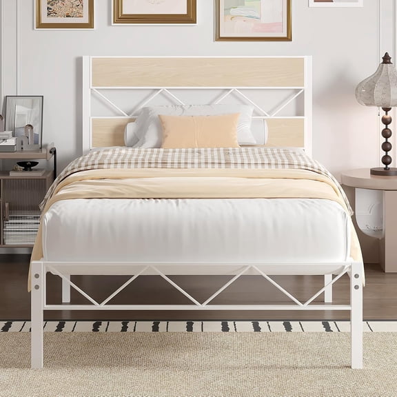 XH Twin Size Bed Frame with Headboard, Heavy-Duty Platform Bedframe with Metal Slats Support, No Box Spring Needed, Easy Assembly, White & Natural