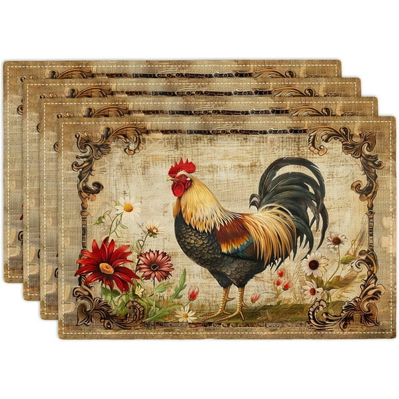 Farmhouse Rooster Placemats Set of 4 Farm Chicken Table Mats Country Flowers Place Mats Imitation Linen Heat Resistant Placemats for Vintage Dining Decoration Kitchen Party Restaurants 12''x18''