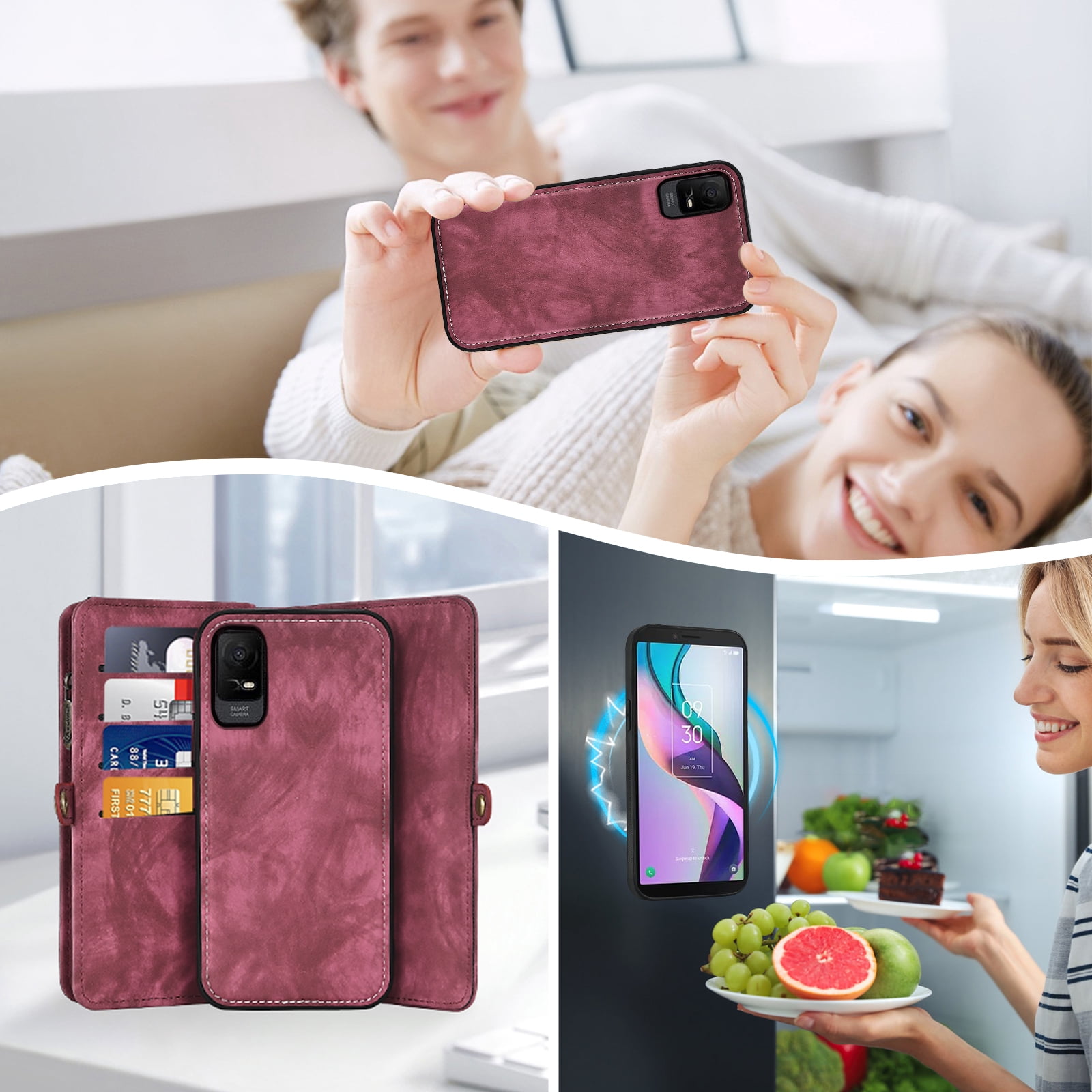 Asuwish Phone Case for Metro TCL Ion X/Ion V/40Z T607DL Zipper Wallet Detachable Cell Cover with Tempered Glass Screen Protector Crossbody Strap Flip Card Holder IonX T430W IonV 2023 Women Girls Red