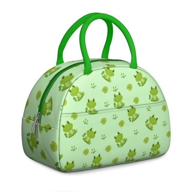 Nature-Inspired Green Frog Lunch Tote, Reusable Insulated Lunch Box with Flower and Plant Pattern, Great for Work, Picnic, or Weekend Travel