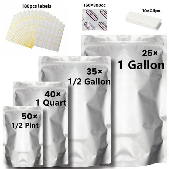 150 Pack Mylar Bags for Food Storage with Oxygen Absorbers，4 Sizes (1 Gallon, 1/2 Gallon, 1 Quart, 1/2 Pint)， Heat Sealable Airtight with 150 desiccant.