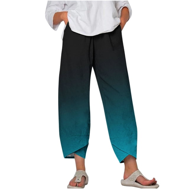 Meichang Capris à Jambes Larges Tulipe Dégradé pour Femme Grande Taille, Taille Très Extensible, Mode d'Été, Coton et Lin,