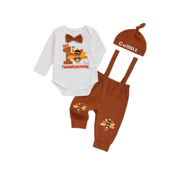 BemeyourBBs Baby Boy Thanksgiving Outfit Turkey Bowtie Romper Suspender Pants Hat