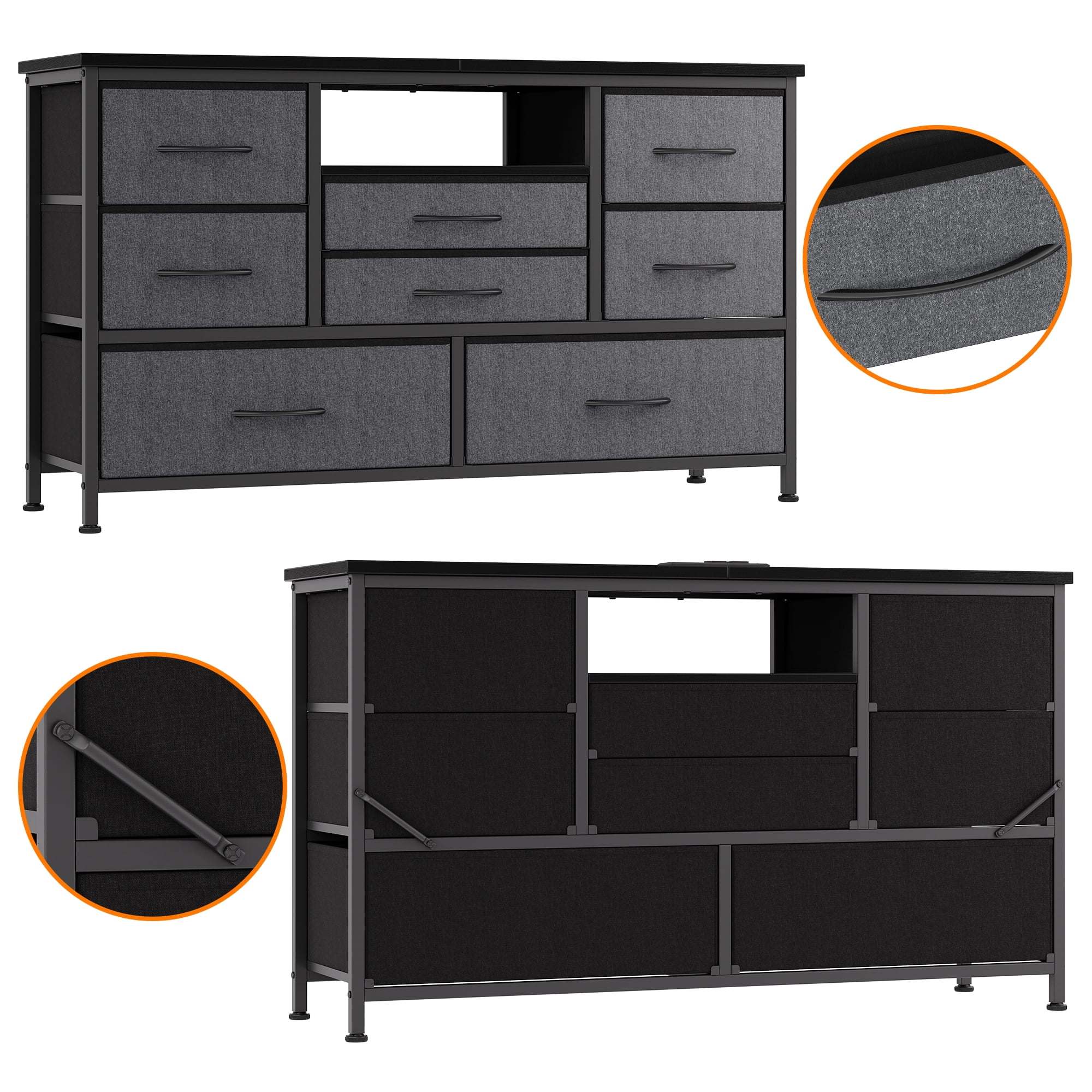KOKEBREN 47.4"Wide Dressers for Bedroom 8 Fabric Drawers Dresser with LED lights & Power Outlet TV Stand for 55" TV,Gray