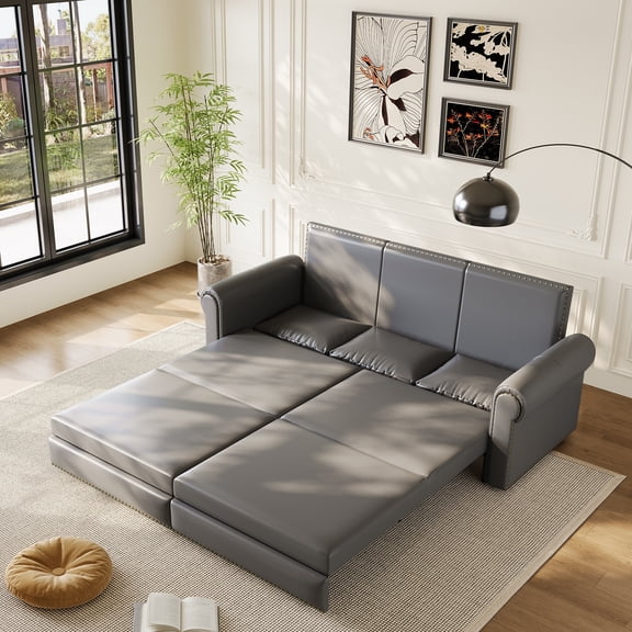 93.7" Chesterfield King Pull-Out Sofa Bed, 3-in-1 Faux Leather Convertible Sleeper Sofa with Nailhead Trim and Rolled Arms, Multi-Functional Couch for Living Room or Bedroom(Grey)
