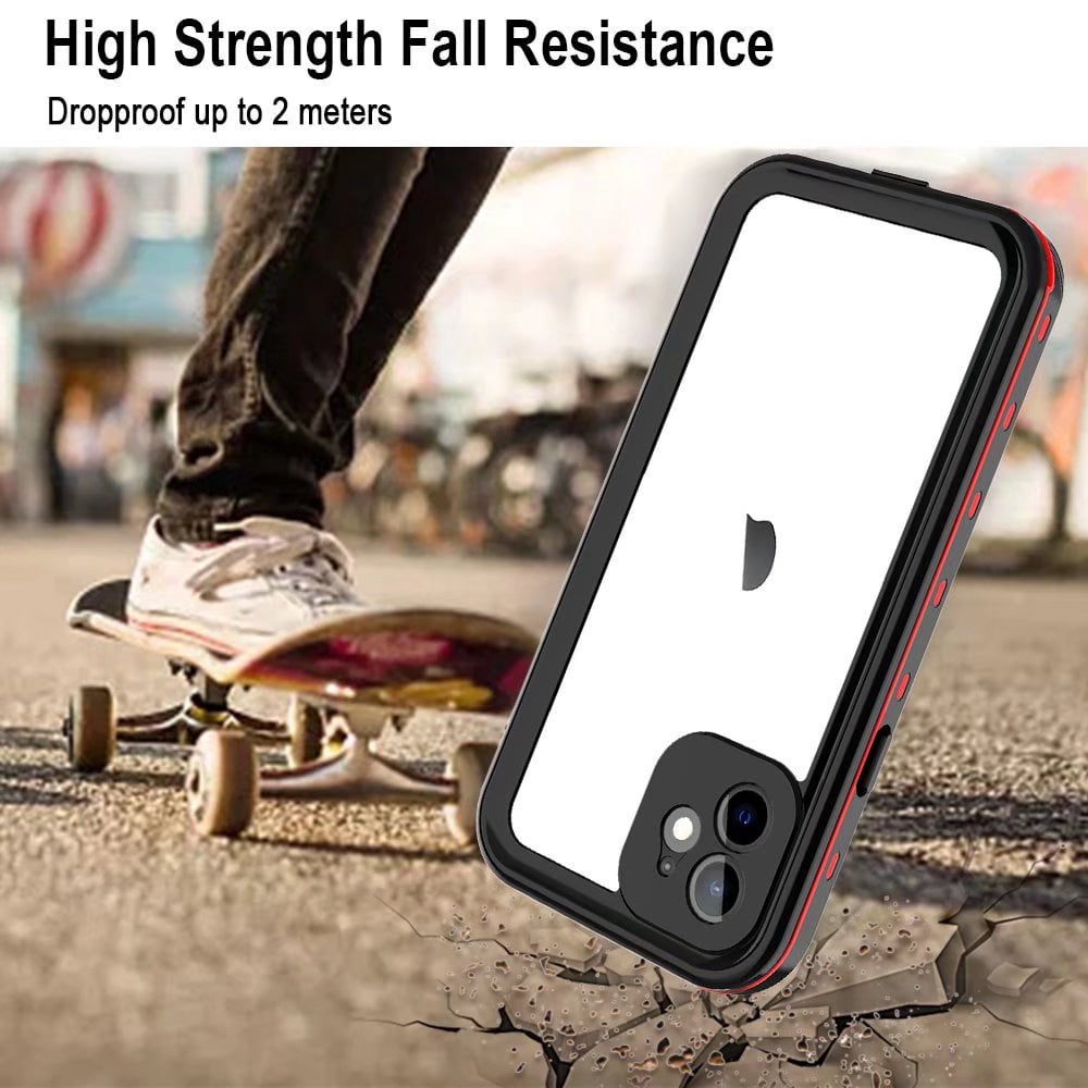 IP68 Waterproof Case for iPhone 12 Shockproof Dust Proof Full Body Hard Case Built-in Screen Protector Underwater Outdoor Clear Phone Cover (6.1" Red)