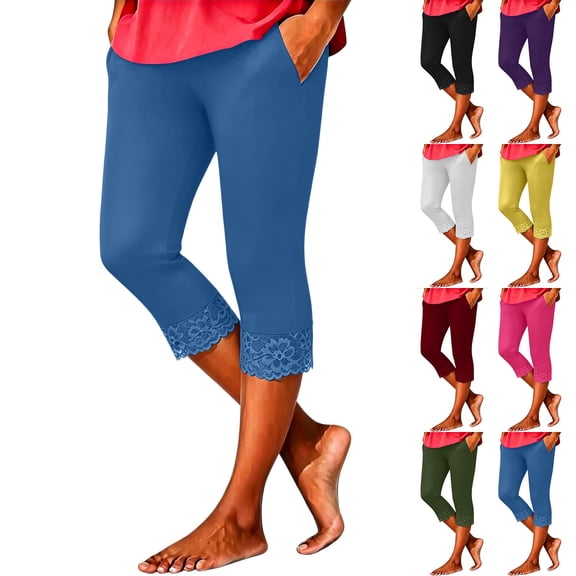 Women's Solid Color Lace Trim Capri Leggings Stretch Crop Leggings Summer Tights Pants Blue XL(XL)