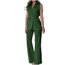 cfhntfmh Womens Dressy Casual Sets Sleeveless Suit Vest Wide Leg Pants Belted Office Business Blazer Set with Pockets
