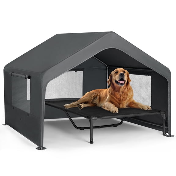 Veehoo Extra Large Dog House Outdoor with Elevated Dog Bed, Outside Dog Tent 4.1'x4.1'x3.3', Weatherproof Dog Shade Shelter and Raised Bed Combo for Pets or Stray Animals, Grey, CWC2530CP