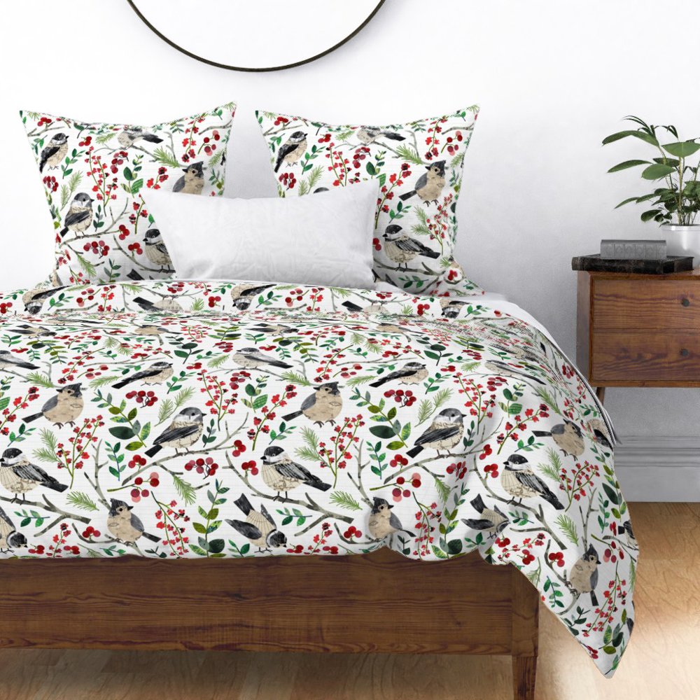 Holly Berry Winter Bird Branches Holidays Holiday Sateen Duvet Cover by
