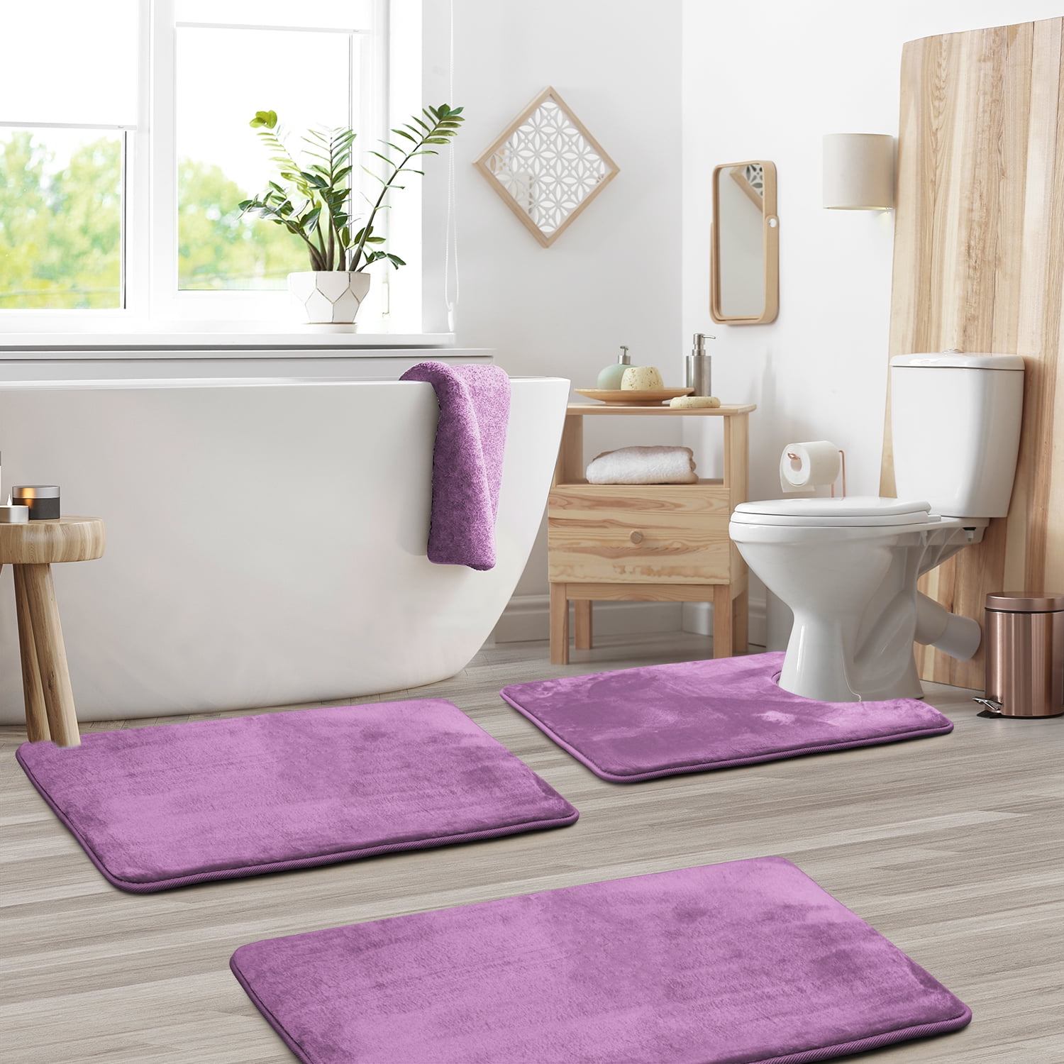 Clara Clark Set of 3 Absorbent Memory Foam Bath Mat Bathroom Rugs, 20x32, 17x24 and Contour Bath Rug, Lavender Dream