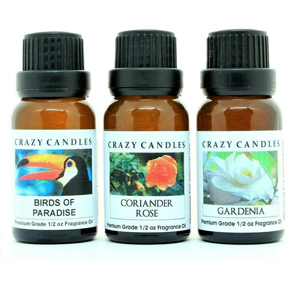 Crazy Candles 3 Bottles Set, 1 Birds of Paradise, 1 Coriander Rose, 1 Gardenia 1/2 Fl Oz Each (15ml) Premium Grade Scented Fragrance Oils Made in USA