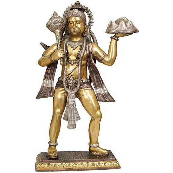 Hanuman Ji Carrying Mount Dron of Sanjeevani Herbs - Brass Statue