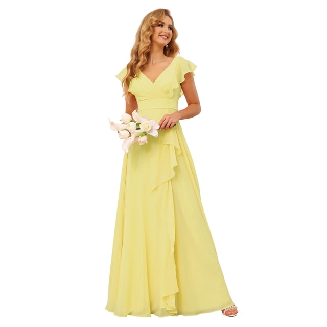 Vestidos de dama de honor TIRAS con cuello en V y volantes fruncidos, largo canario, para mujer, vestido formal de gasa, cintura imperial, para boda, fiesta, 12