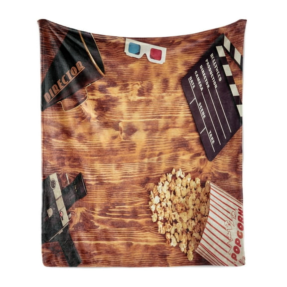Movie Theater Soft Flannel Fleece Throw Blanket, Retro Cinema Objects on a Wooden Table Top View Analog Vintage Technology, Cozy Plush for Indoor and Outdoor Use, 60" x 80", Multicolor, by Ambesonne