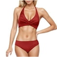 thumbnail image 2 of Jjayotai Women's High Waisted Bikini, Twist Front Tie Back 2 Piece Swimsuits, Wrap Halter Bathing Suit Watermelon Red M, 2 of 6