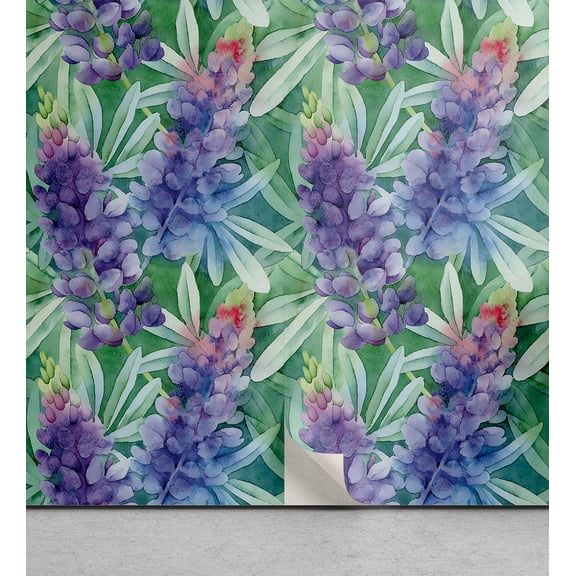 Ambesonne Nature Peel & Stick Wallpaper for Home, Garden Botany Lupine Sketch, 13"x36", Fern Green and Violet
